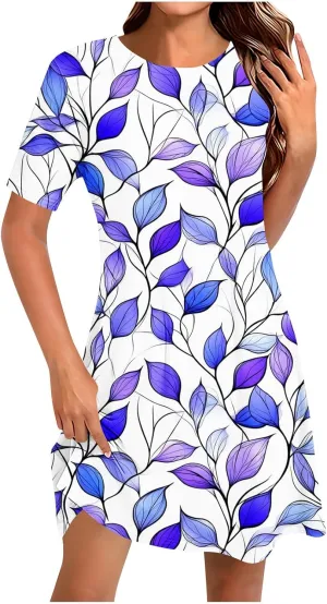 Womens Summer Floral Printed T-Shirt Dresses Casual Pleated Short Sleeve A-Line Beach Dress Flowy Vacation Dresses