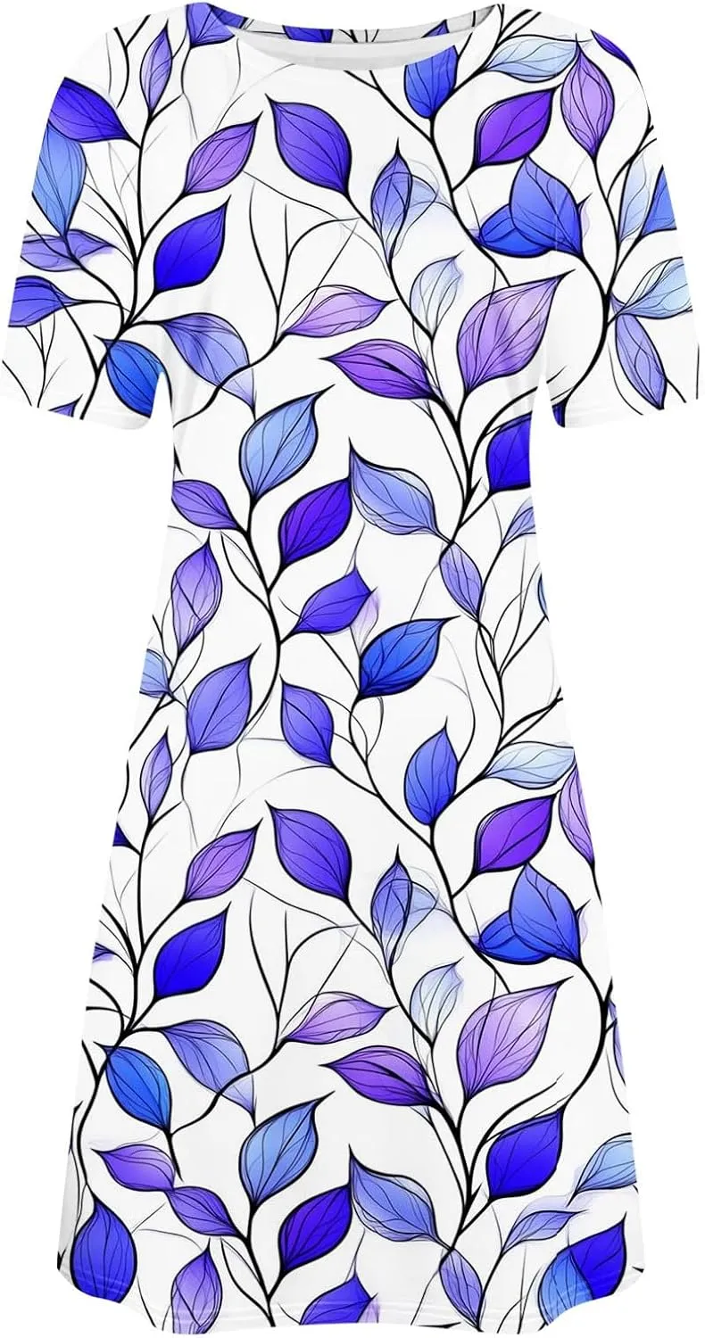 Womens Summer Floral Printed T-Shirt Dresses Casual Pleated Short Sleeve A-Line Beach Dress Flowy Vacation Dresses