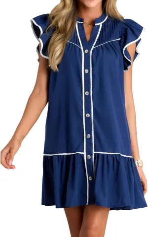 Womens Summer Mini Dresses Casual V-Neck Button Ruffle Cap Sleeve Church Dress Sundress with Pocket