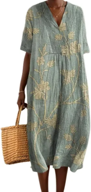 Womens Summer Oversized Baggy Boho Floral V Neck Midi Dresses Casual Loose Long Dress with Pockets