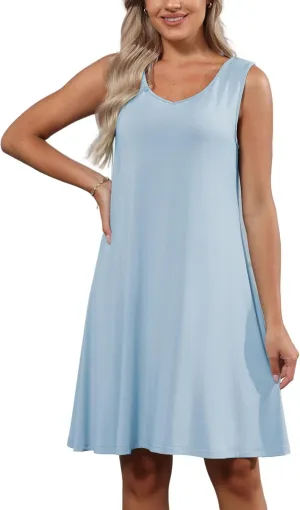 Women's Summer T-Shirt Dress Scoop Neck Sleeveless Loose A-Line Sundress Casual Beach Cover up Tank Dresses
