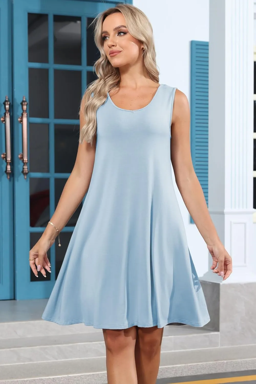 Women's Summer T-Shirt Dress Scoop Neck Sleeveless Loose A-Line Sundress Casual Beach Cover up Tank Dresses