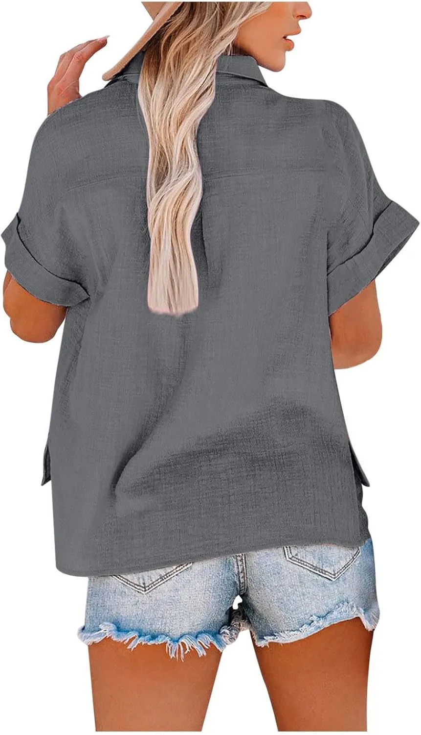 Womens Summer Tops V Neck Button Down Shirts Casual Trendy Business Basic Tees Ladies Daily Going Out Blouses