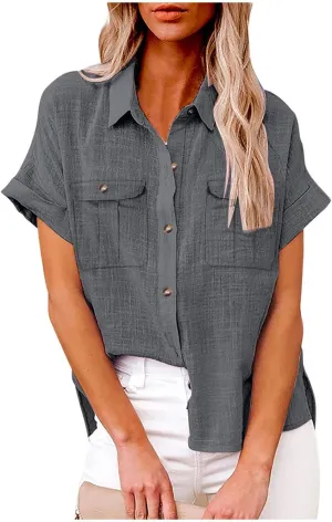 Womens Summer Tops V Neck Button Down Shirts Casual Trendy Business Basic Tees Ladies Daily Going Out Blouses