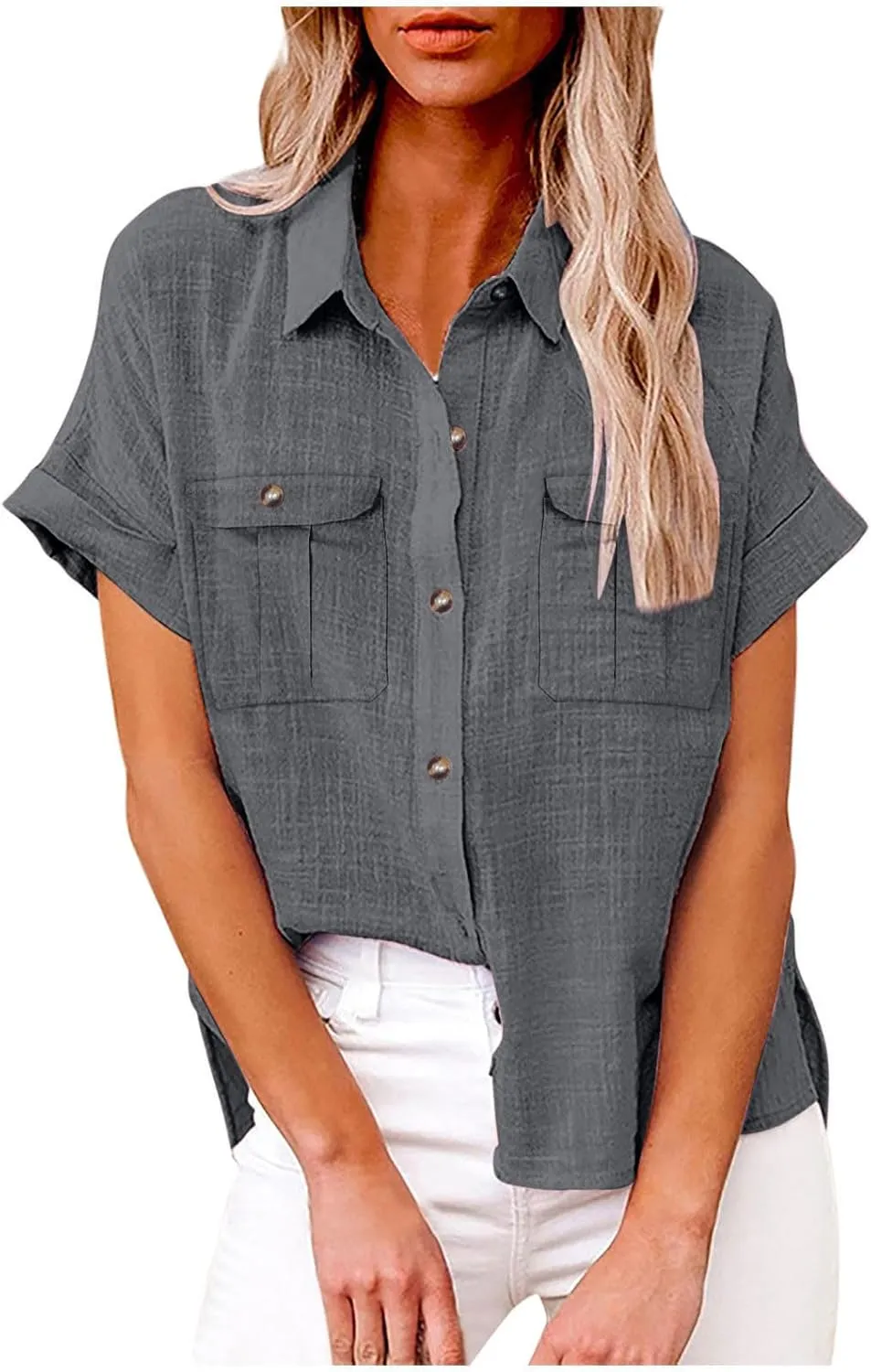 Womens Summer Tops V Neck Button Down Shirts Casual Trendy Business Basic Tees Ladies Daily Going Out Blouses