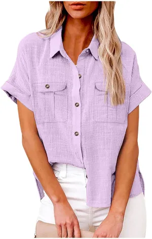 Womens Summer Tops V Neck Button Down Shirts Casual Trendy Business Basic Tees Ladies Daily Going Out Blouses