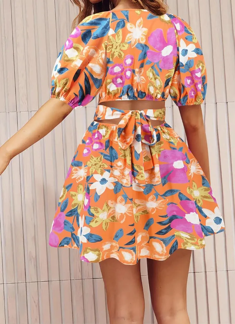 Womens Summer V Neck Lantern Sleeves Backless Ruffle Floral Prints Breathable Sexy Flowy Mini Beach Dress