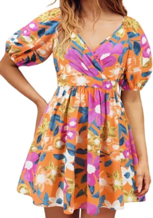 Womens Summer V Neck Lantern Sleeves Backless Ruffle Floral Prints Breathable Sexy Flowy Mini Beach Dress