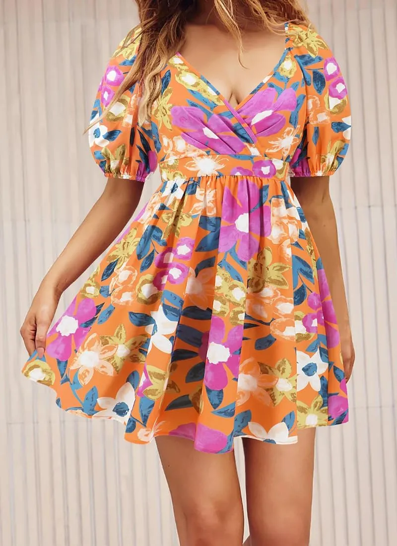Womens Summer V Neck Lantern Sleeves Backless Ruffle Floral Prints Breathable Sexy Flowy Mini Beach Dress