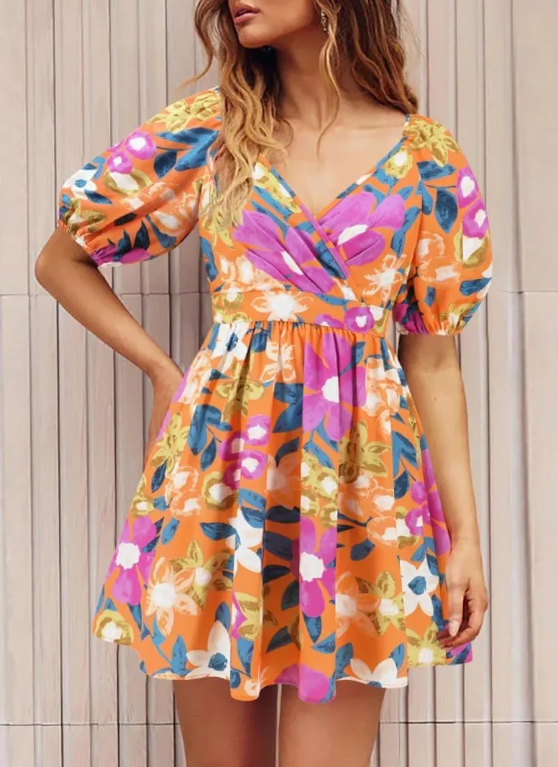 Womens Summer V Neck Lantern Sleeves Backless Ruffle Floral Prints Breathable Sexy Flowy Mini Beach Dress