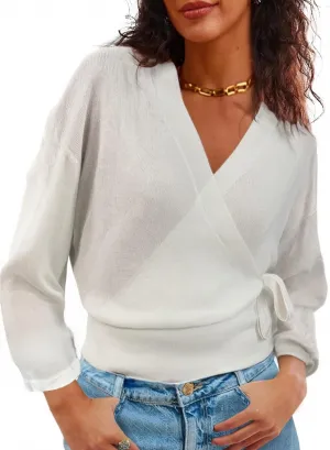 Women's Summer V Neck Wrap Sweater Pullovers 3/4 Sleeve Tie Side Lightweight Beach Knitted Tops