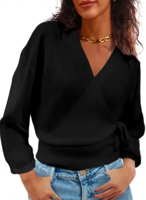 Women's Summer V Neck Wrap Sweater Pullovers 3/4 Sleeve Tie Side Lightweight Beach Knitted Tops