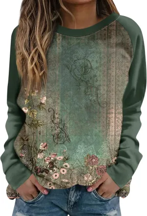 Womens Sweatshirts Floral Print Long Sleeve Loose Fit Shirts Crewneck Cute Trendy Clothing Sweater