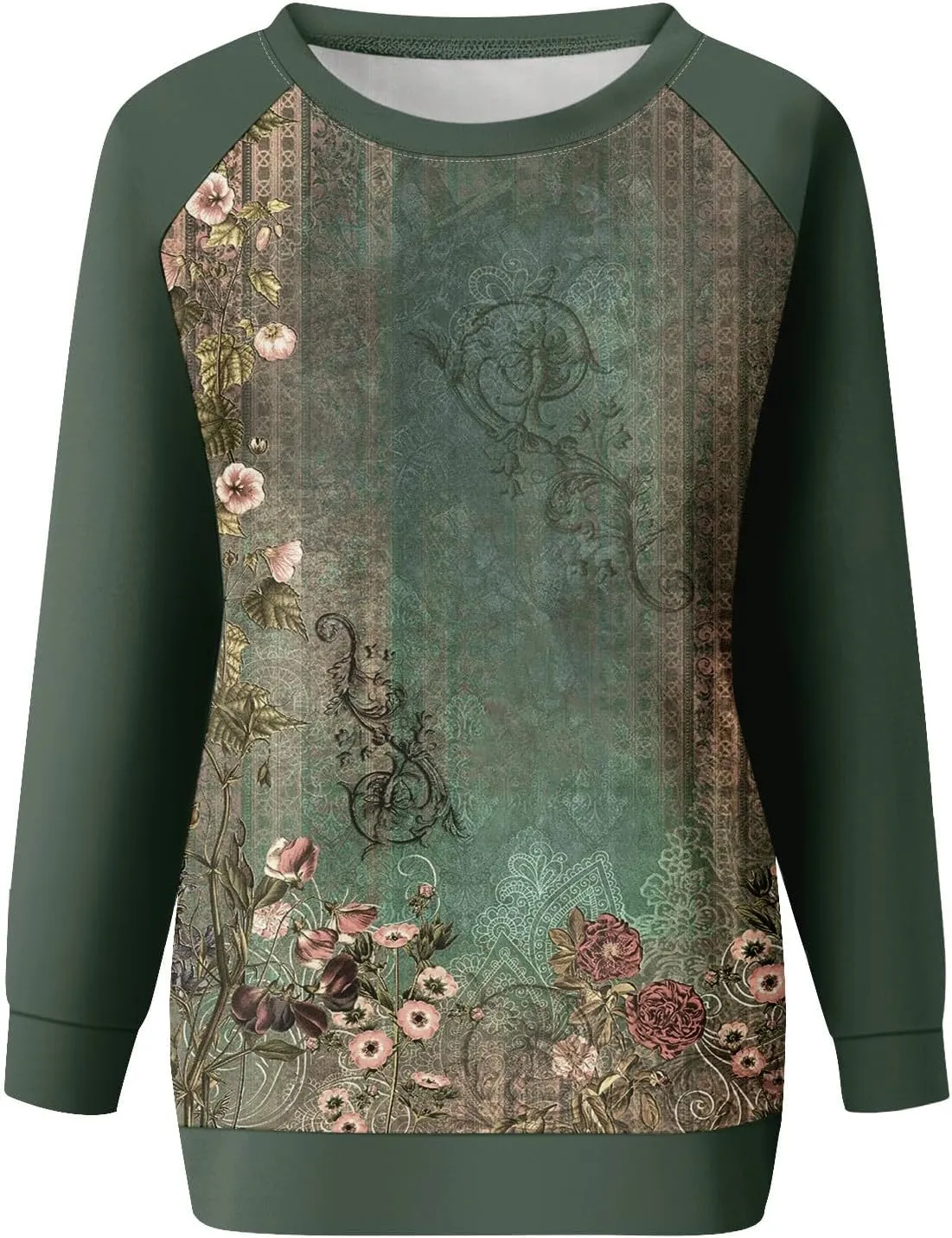 Womens Sweatshirts Floral Print Long Sleeve Loose Fit Shirts Crewneck Cute Trendy Clothing Sweater