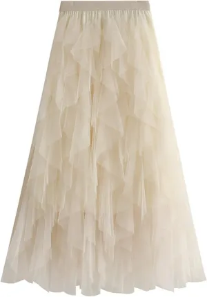 Womens Tulle Ruffle Midi Skirts Casual High Waisted A Line Tiered Tutu Pleated Fairy Skirt