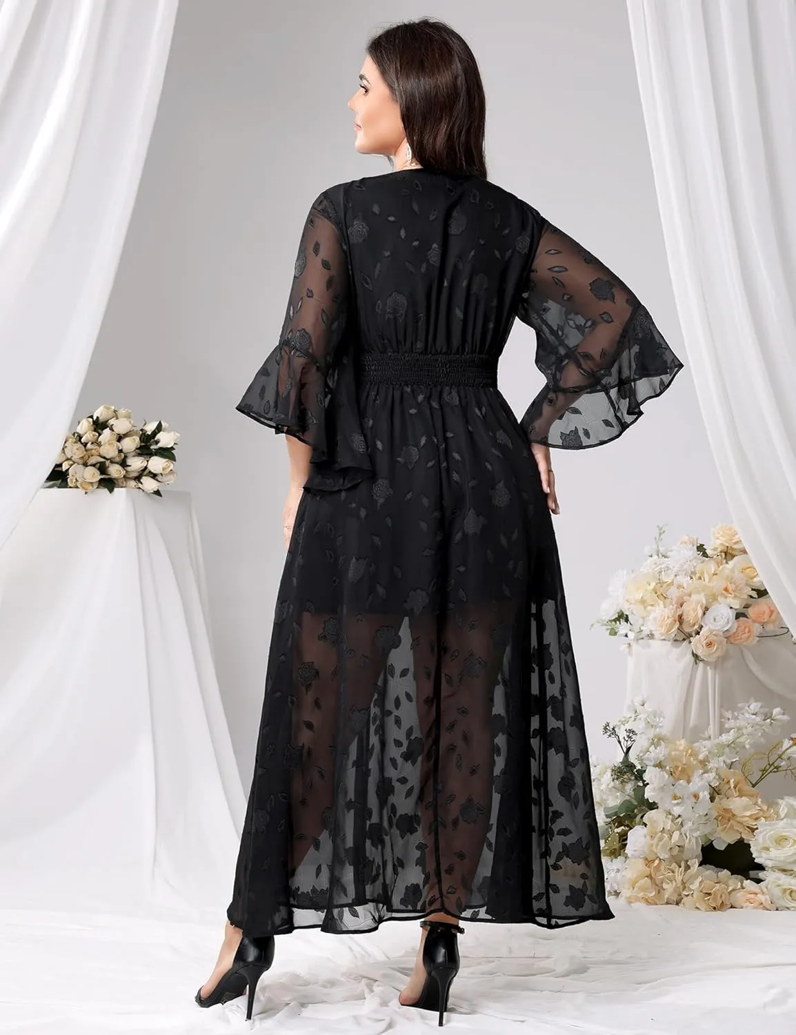 Women's V Neck Floral Dress Bell Half Sleeve Smocked Waist Side Split Flowy A Line Maxi Wedding Guest Dresses