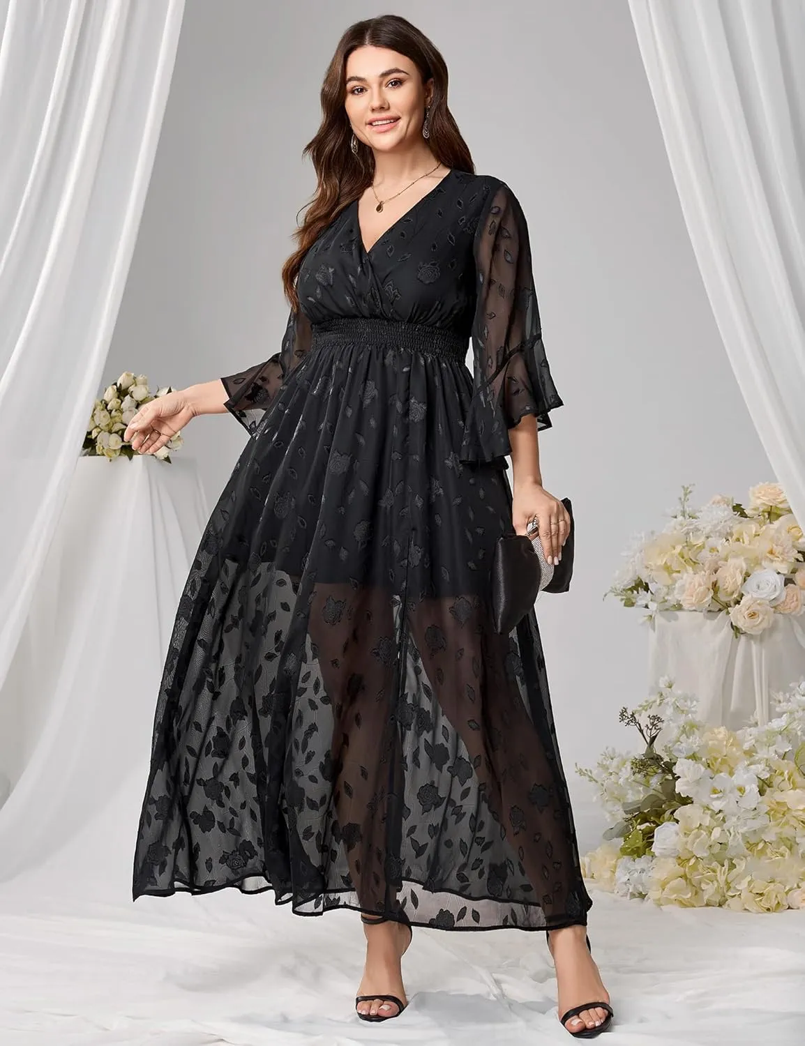 Women's V Neck Floral Dress Bell Half Sleeve Smocked Waist Side Split Flowy A Line Maxi Wedding Guest Dresses