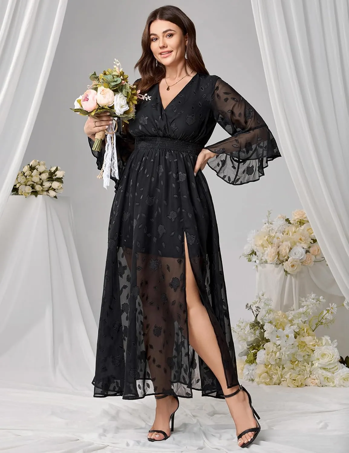 Women's V Neck Floral Dress Bell Half Sleeve Smocked Waist Side Split Flowy A Line Maxi Wedding Guest Dresses