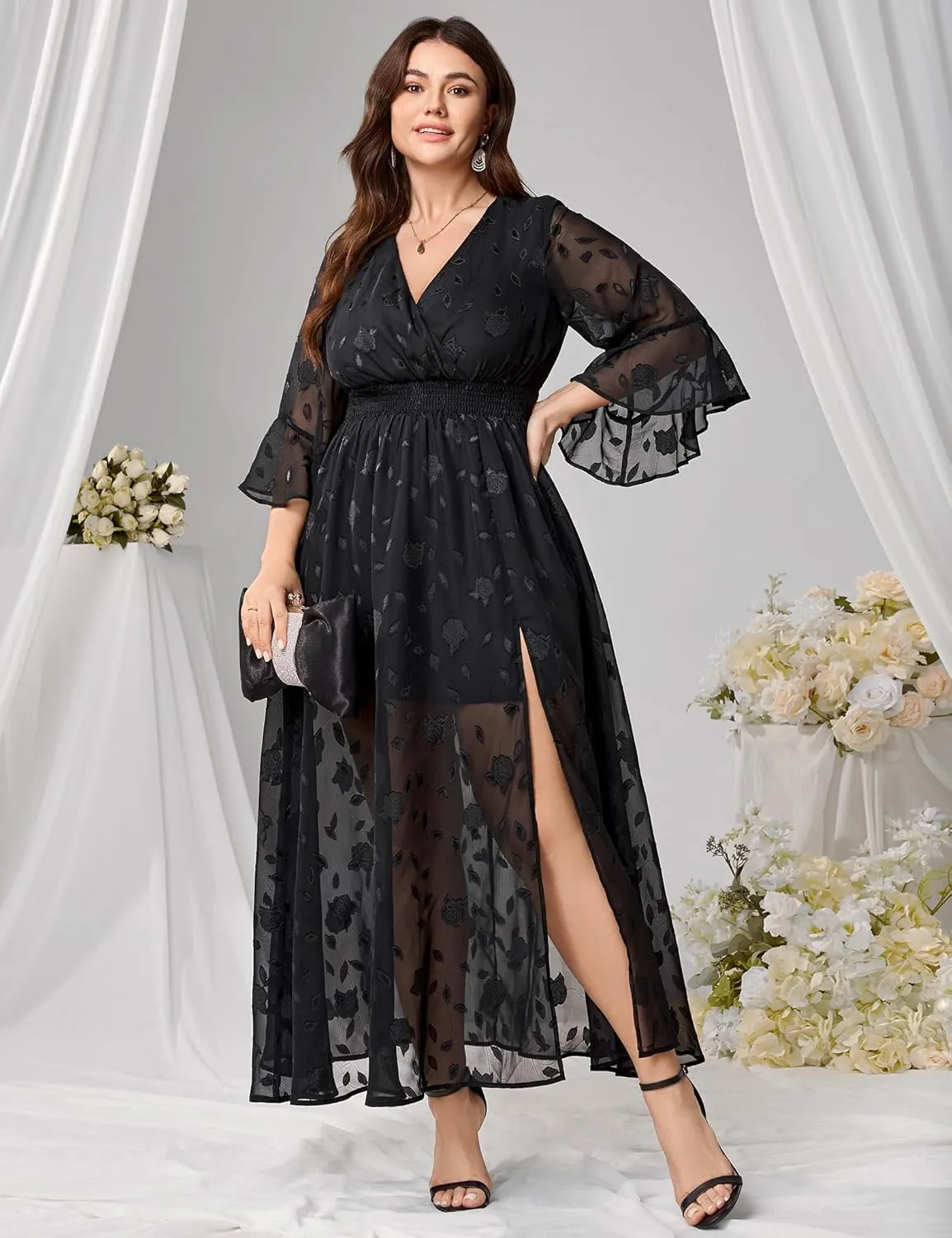 Women's V Neck Floral Dress Bell Half Sleeve Smocked Waist Side Split Flowy A Line Maxi Wedding Guest Dresses