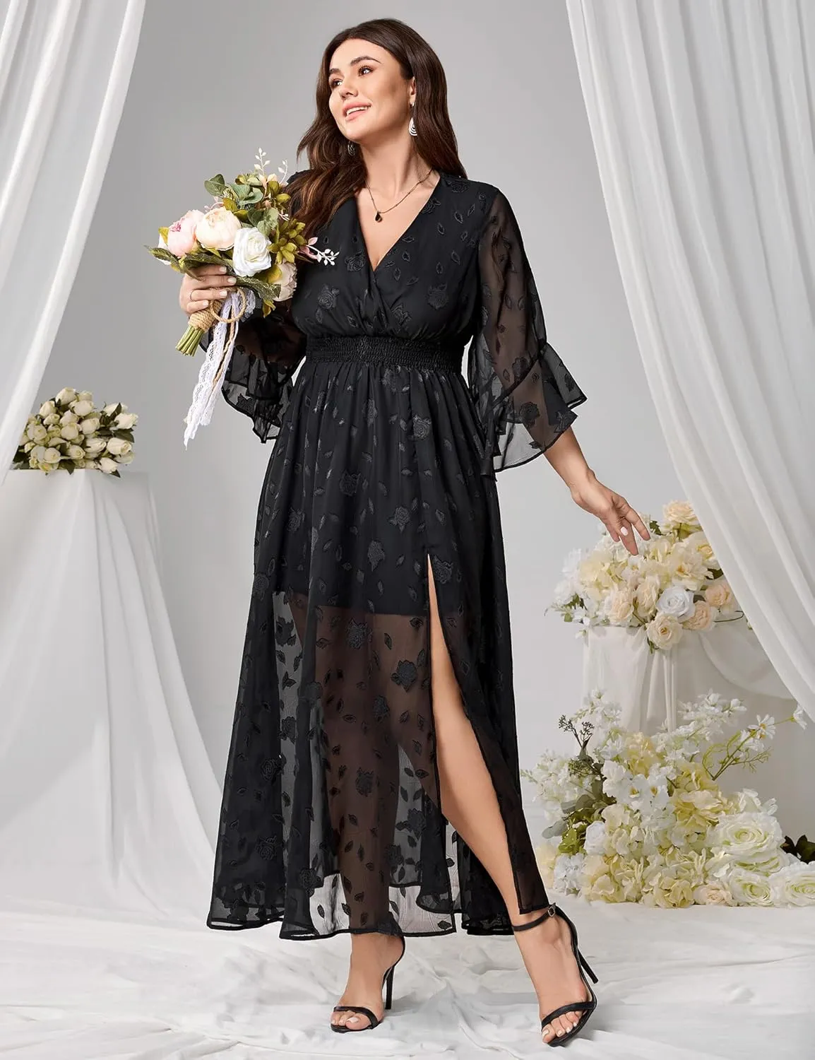 Women's V Neck Floral Dress Bell Half Sleeve Smocked Waist Side Split Flowy A Line Maxi Wedding Guest Dresses