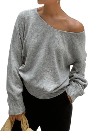 Women's V Neck Knit Sweater Long Sleeve Lightweight Off The Shoulder Sweaters Pullovers Trendy