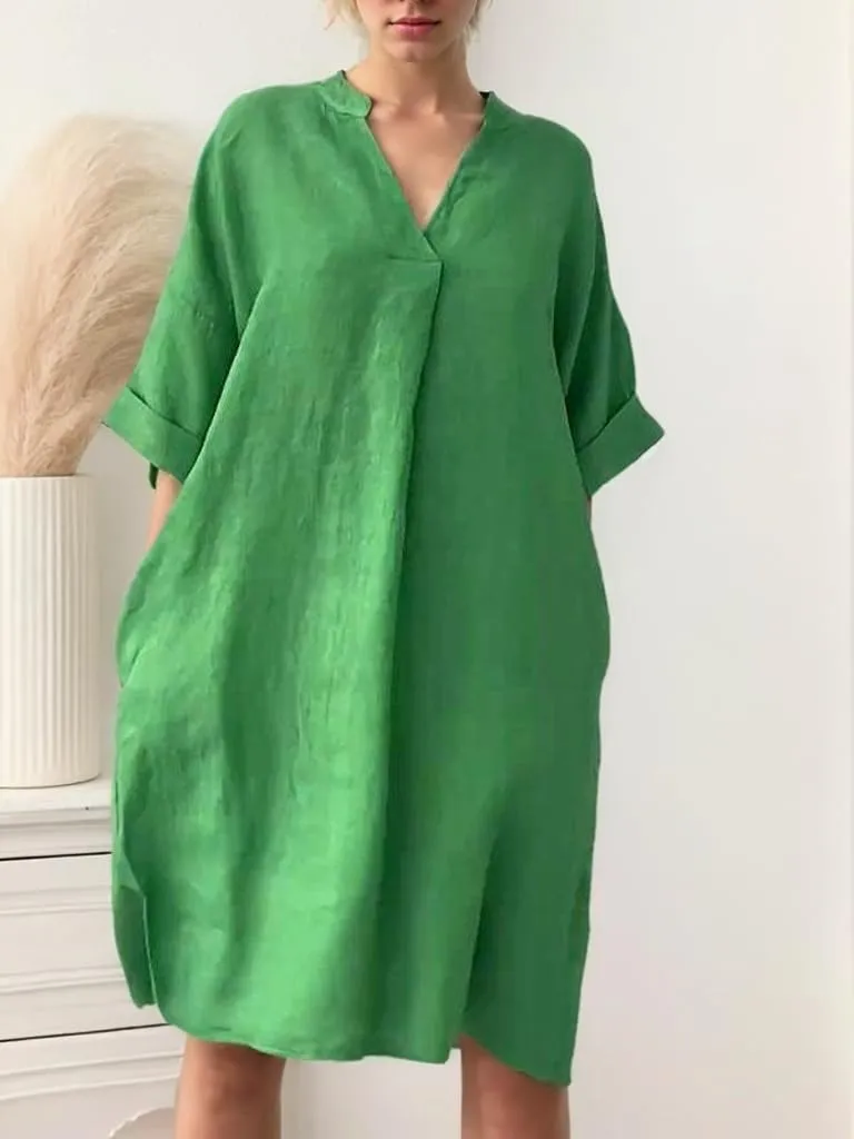 Women's V-Neck Loose Cotton Linen Midi Dress Summer Casual 3/4 Sleeve Plus Size Shift Midi Dresses with Pockets