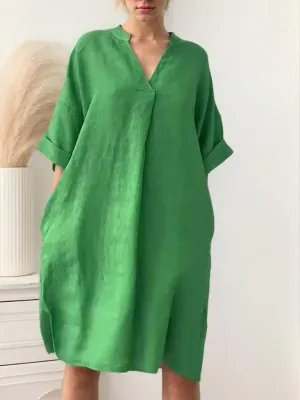 Women's V-Neck Loose Cotton Linen Midi Dress Summer Casual 3/4 Sleeve Plus Size Shift Midi Dresses with Pockets