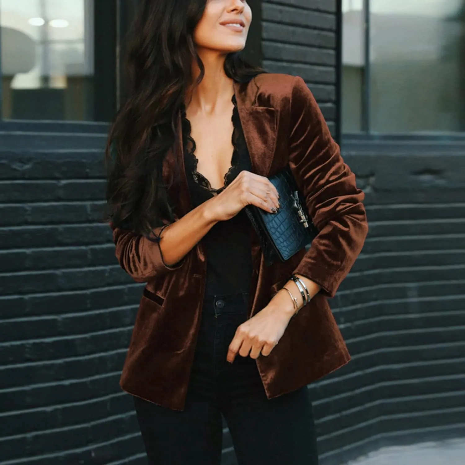 Women's Velvet Suit Blazer Jacket Casual Office Work Long Sleeve Button Pockets Tailored Jacket Coat Blazer