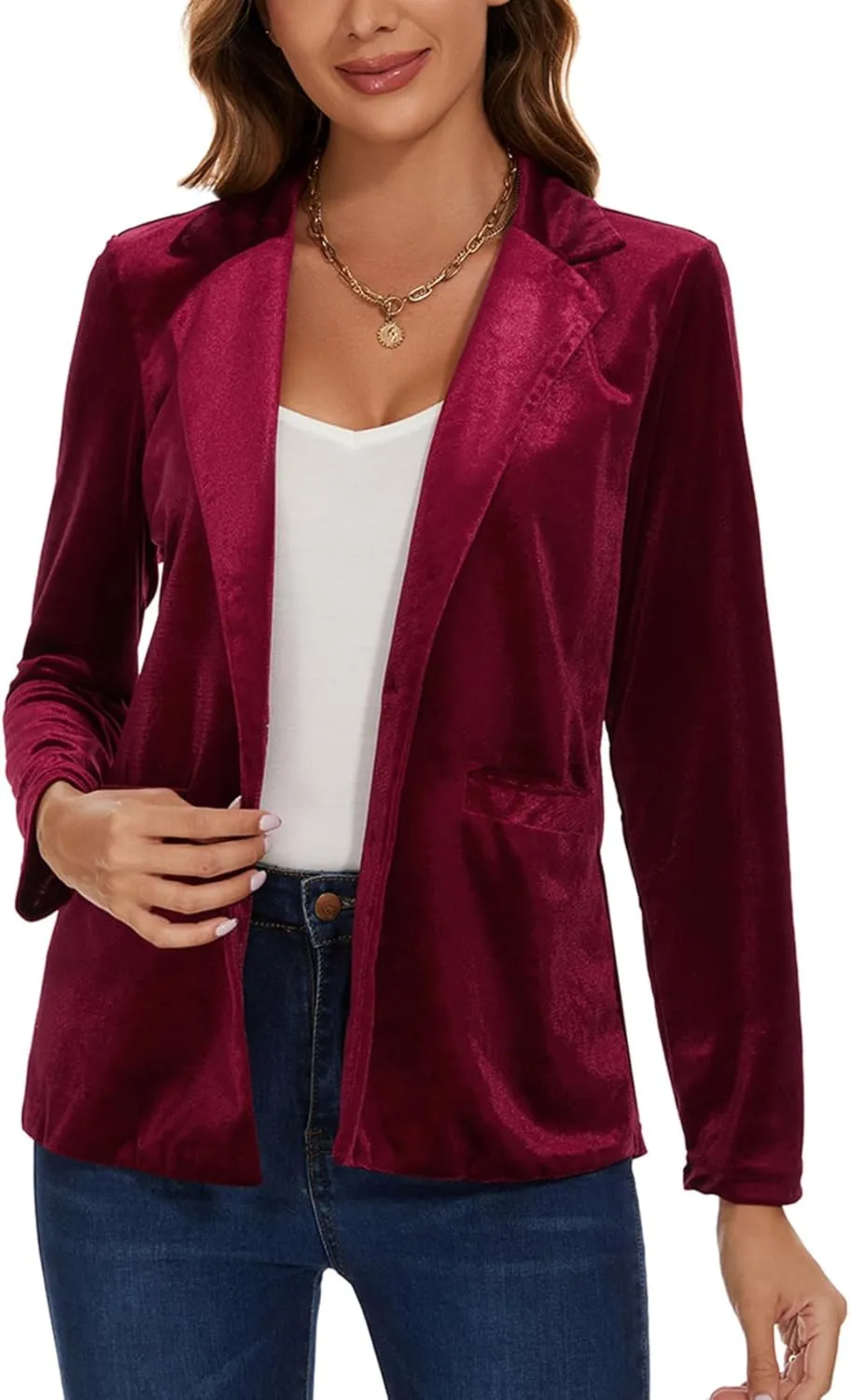 Women's Velvet Suit Blazer Jacket Casual Office Work Long Sleeve Button Pockets Tailored Jacket Coat Blazer