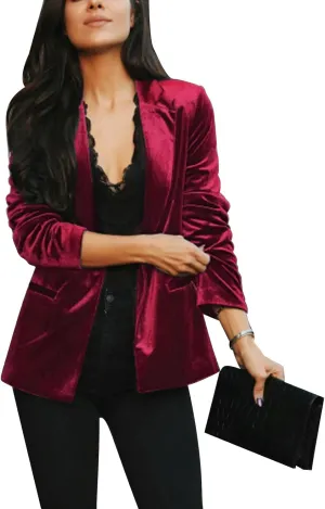 Women's Velvet Suit Blazer Jacket Casual Office Work Long Sleeve Button Pockets Tailored Jacket Coat Blazer