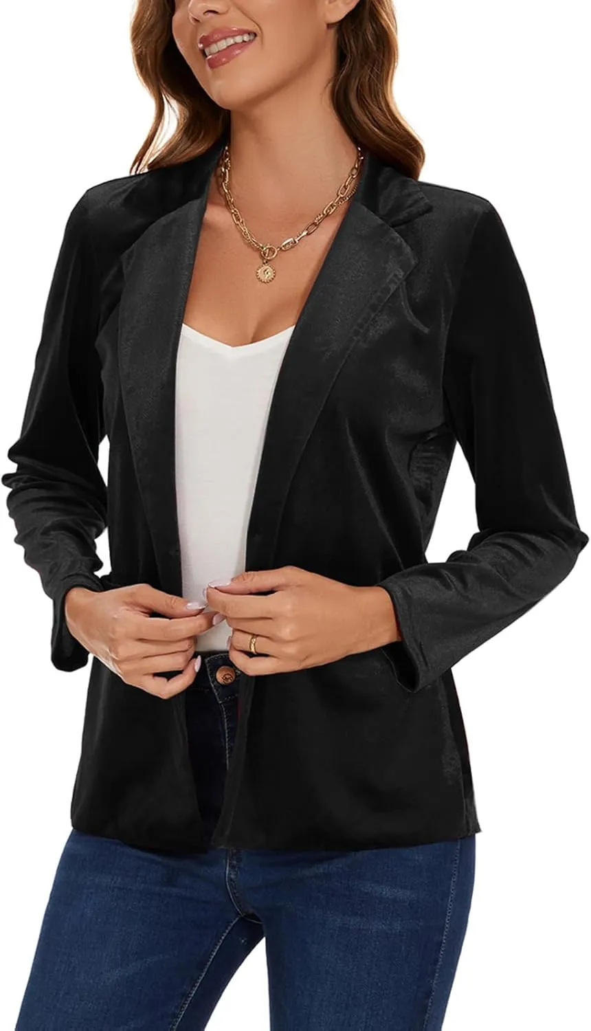 Women's Velvet Suit Blazer Jacket Casual Office Work Long Sleeve Button Pockets Tailored Jacket Coat Blazer