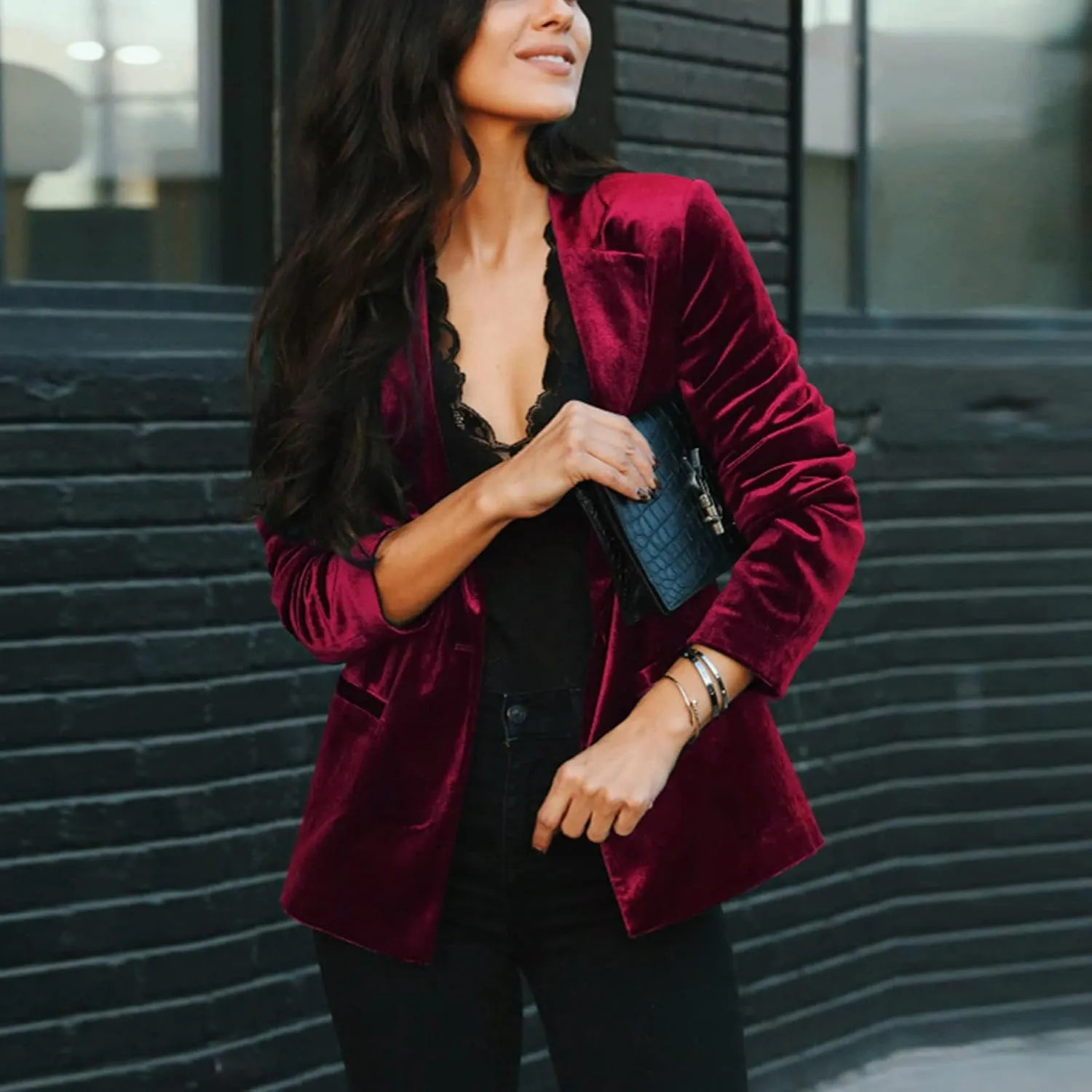 Women's Velvet Suit Blazer Jacket Casual Office Work Long Sleeve Button Pockets Tailored Jacket Coat Blazer