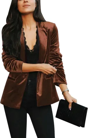 Women's Velvet Suit Blazer Jacket Casual Office Work Long Sleeve Button Pockets Tailored Jacket Coat Blazer