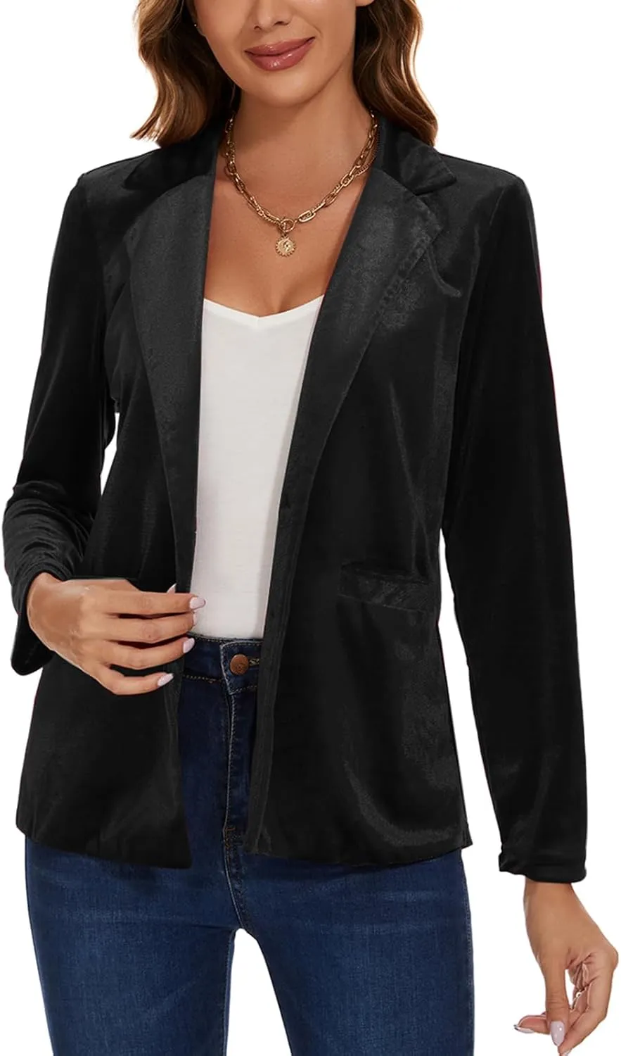 Women's Velvet Suit Blazer Jacket Casual Office Work Long Sleeve Button Pockets Tailored Jacket Coat Blazer