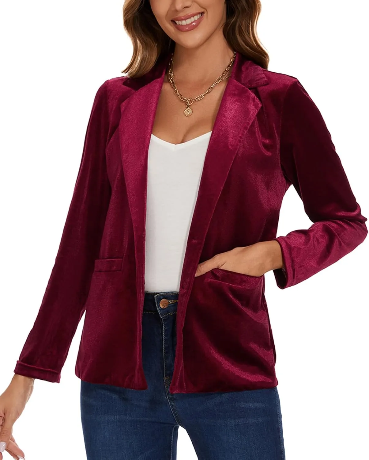 Women's Velvet Suit Blazer Jacket Casual Office Work Long Sleeve Button Pockets Tailored Jacket Coat Blazer