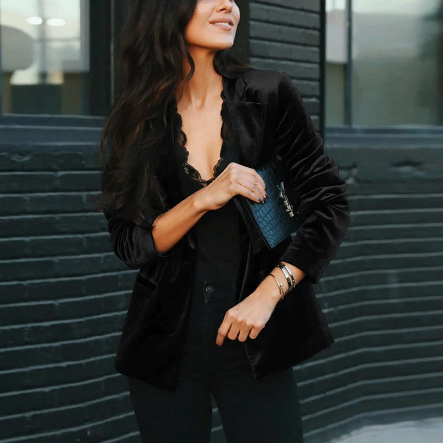Women's Velvet Suit Blazer Jacket Casual Office Work Long Sleeve Button Pockets Tailored Jacket Coat Blazer