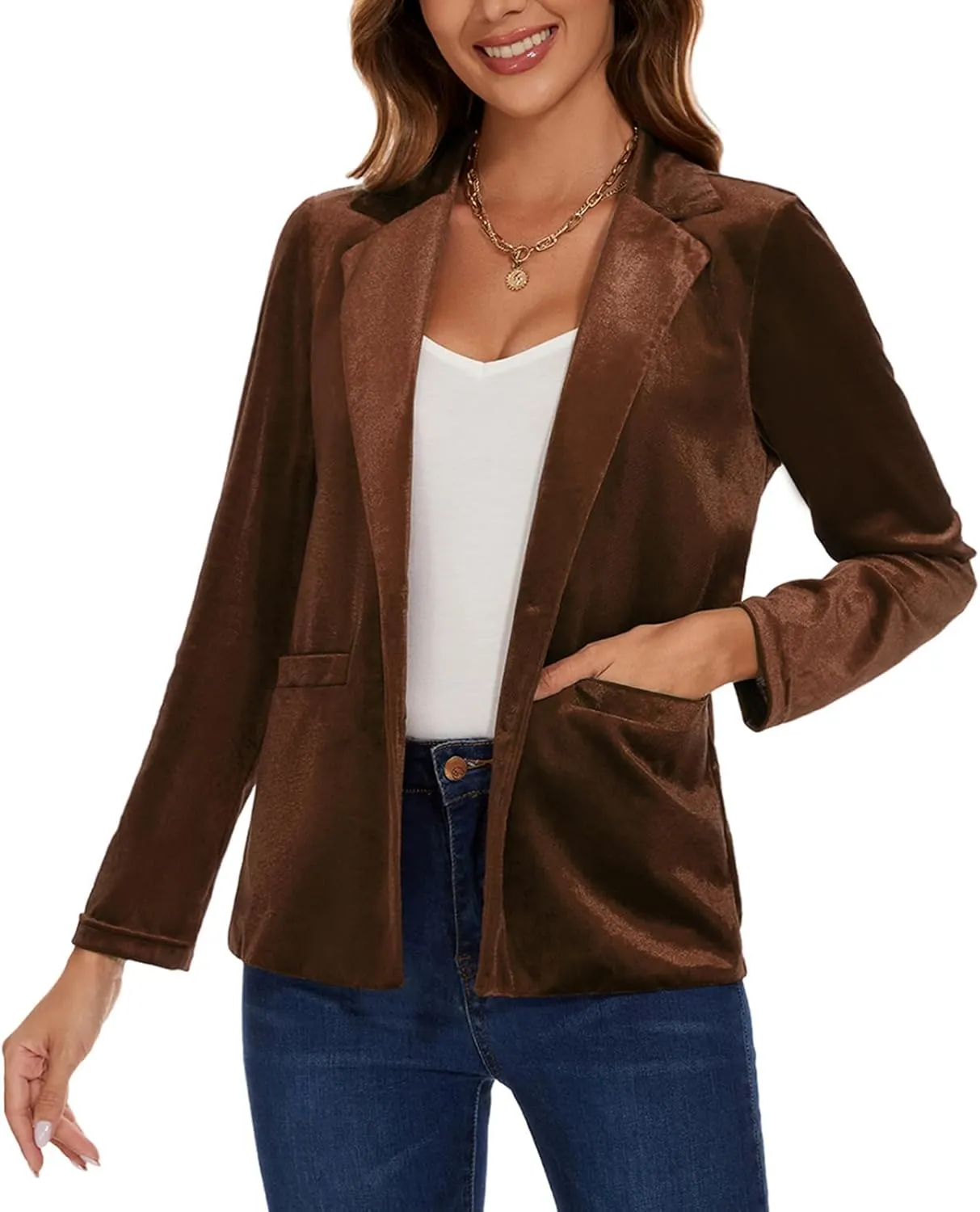 Women's Velvet Suit Blazer Jacket Casual Office Work Long Sleeve Button Pockets Tailored Jacket Coat Blazer