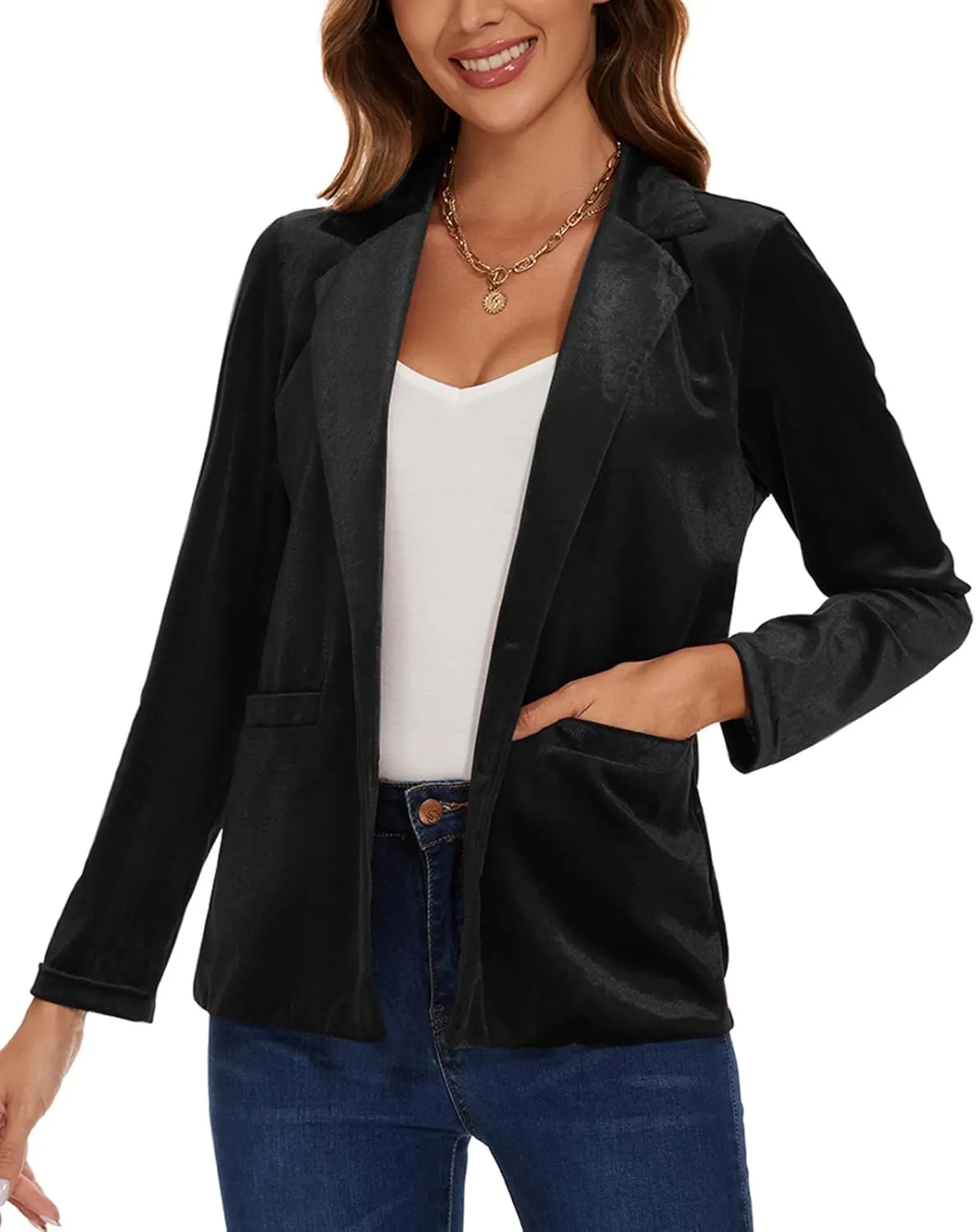 Women's Velvet Suit Blazer Jacket Casual Office Work Long Sleeve Button Pockets Tailored Jacket Coat Blazer