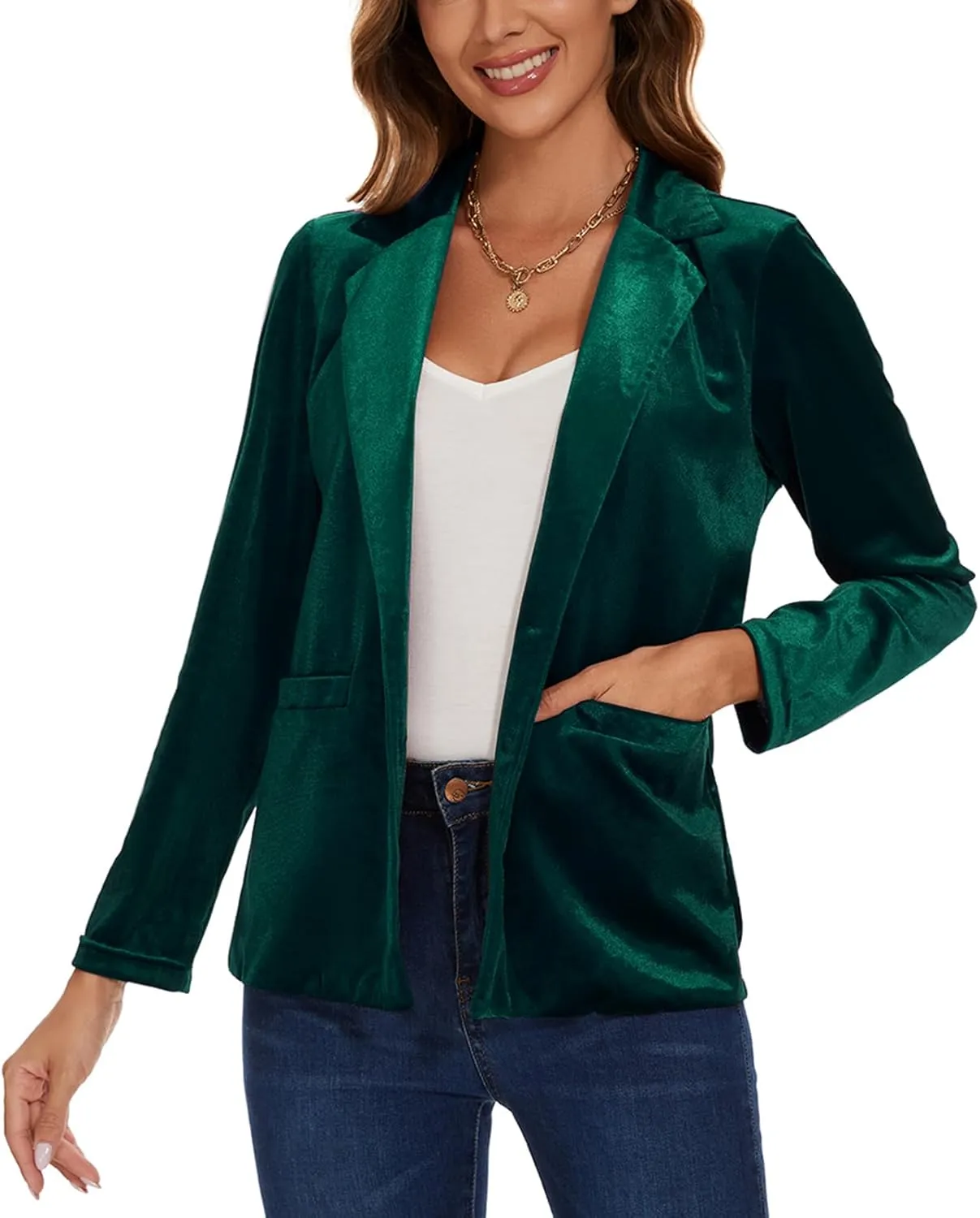 Women's Velvet Suit Blazer Jacket Casual Office Work Long Sleeve Button Pockets Tailored Jacket Coat Blazer