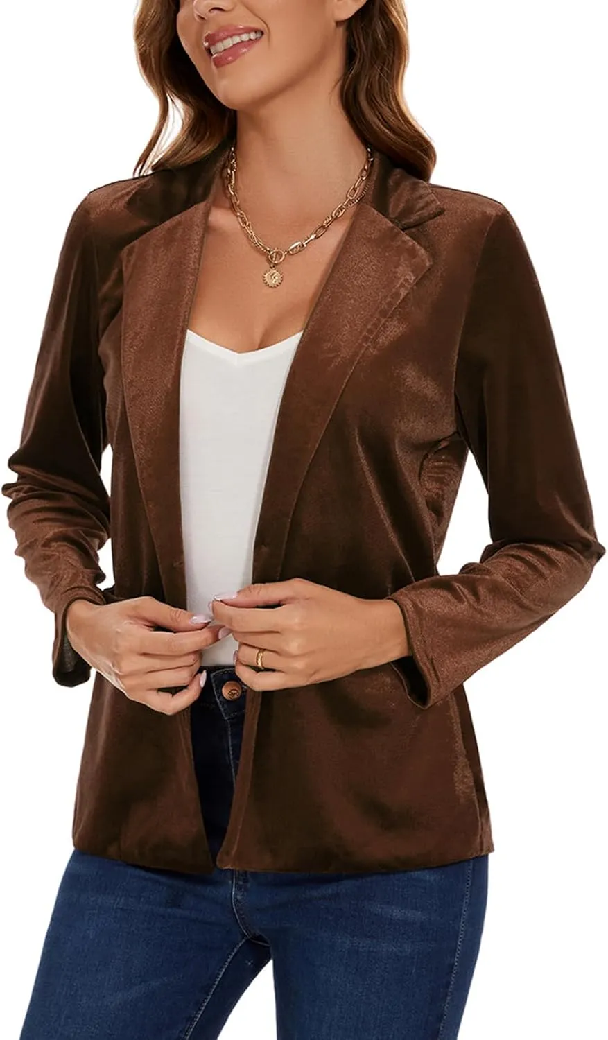 Women's Velvet Suit Blazer Jacket Casual Office Work Long Sleeve Button Pockets Tailored Jacket Coat Blazer