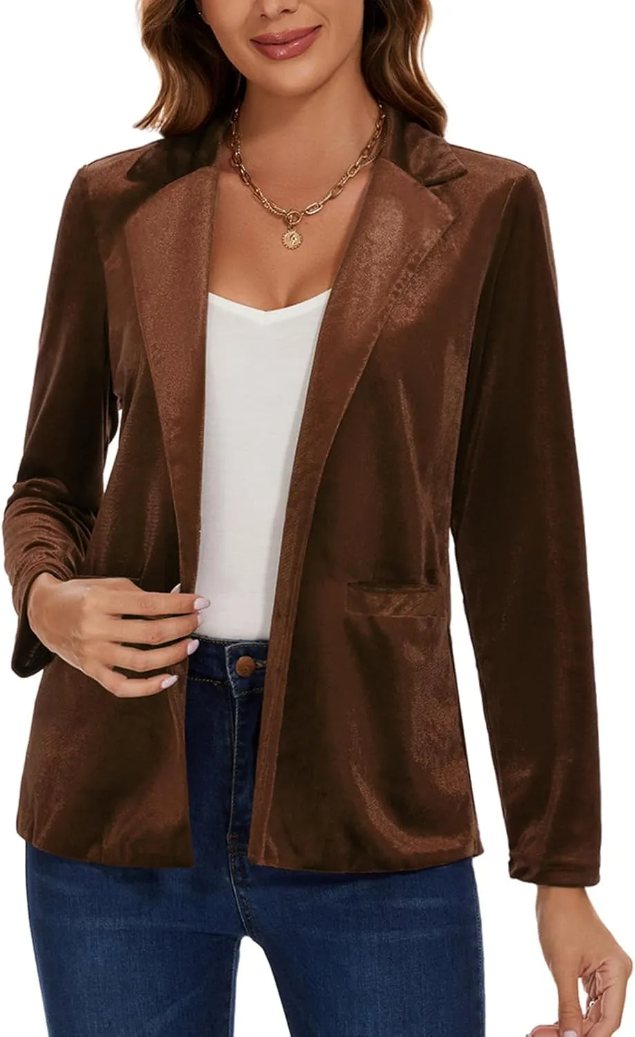 Women's Velvet Suit Blazer Jacket Casual Office Work Long Sleeve Button Pockets Tailored Jacket Coat Blazer
