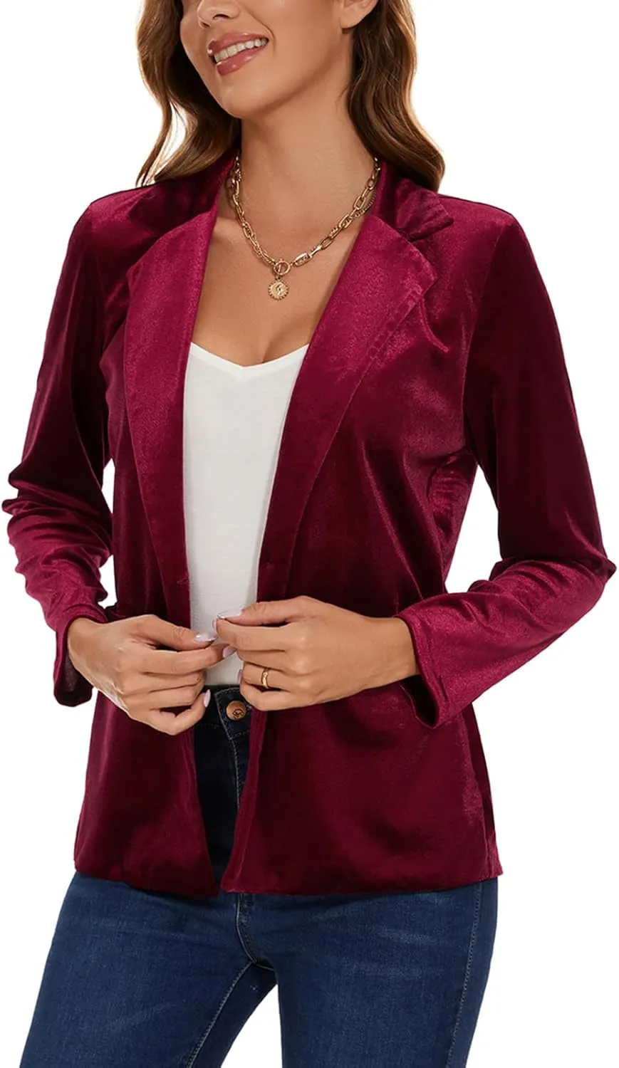 Women's Velvet Suit Blazer Jacket Casual Office Work Long Sleeve Button Pockets Tailored Jacket Coat Blazer