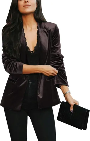 Women's Velvet Suit Blazer Jacket Casual Office Work Long Sleeve Button Pockets Tailored Jacket Coat Blazer