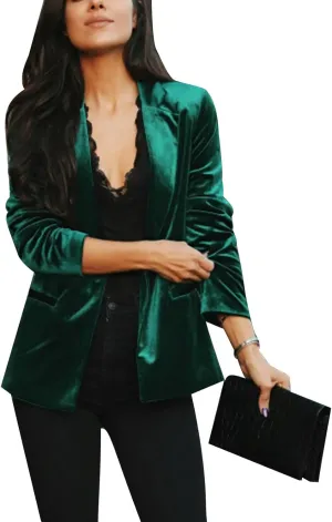 Women's Velvet Suit Blazer Jacket Casual Office Work Long Sleeve Button Pockets Tailored Jacket Coat Blazer