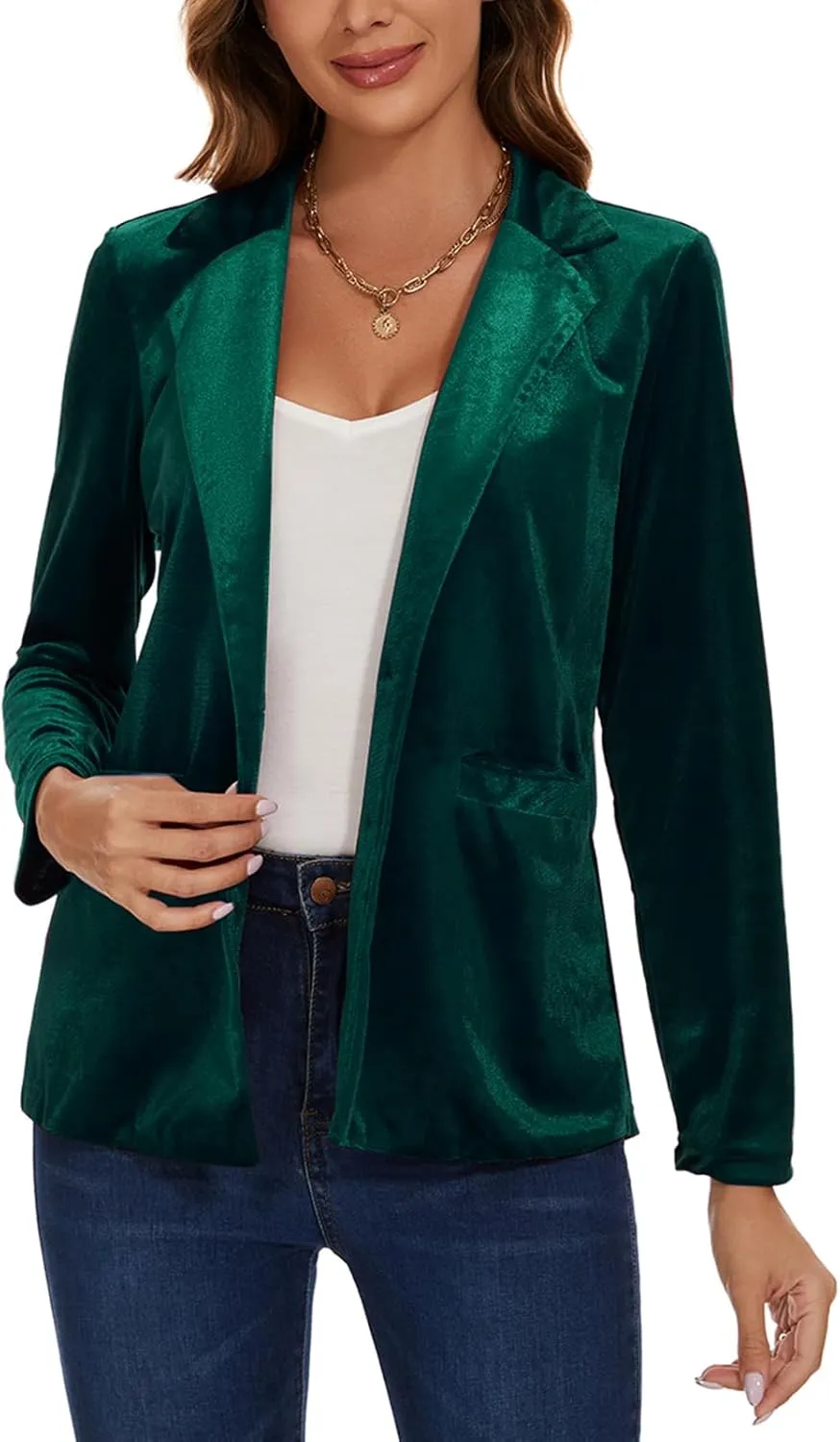 Women's Velvet Suit Blazer Jacket Casual Office Work Long Sleeve Button Pockets Tailored Jacket Coat Blazer