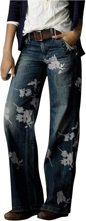 Women's Vintage Floral Printed Baggy Y2K Jeans with Belt - Wide-Leg Denim Pants