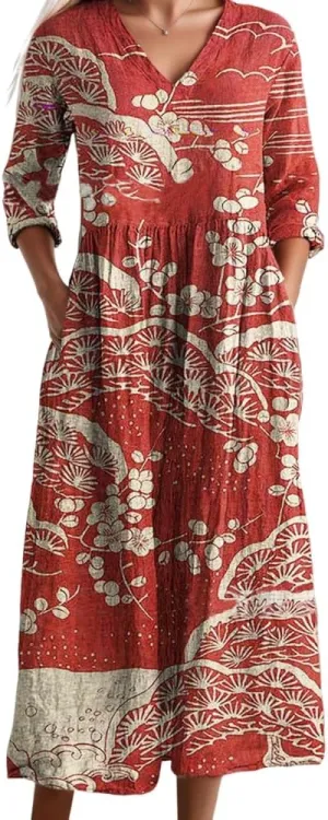 Women's Vintage Smocked Floral Print Maxi Dresses with Pockets Spring Summer Casual Colorful Long Sleeve V Neck Dress