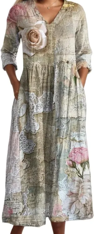 Women's Vintage Smocked Floral Print Maxi Dresses with Pockets Spring Summer Casual Colorful Long Sleeve V Neck Dress