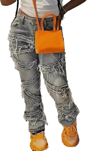 Women's Y2K Fashion Jeans Distressed Frayed Belt Trim Novelty Denim Pants