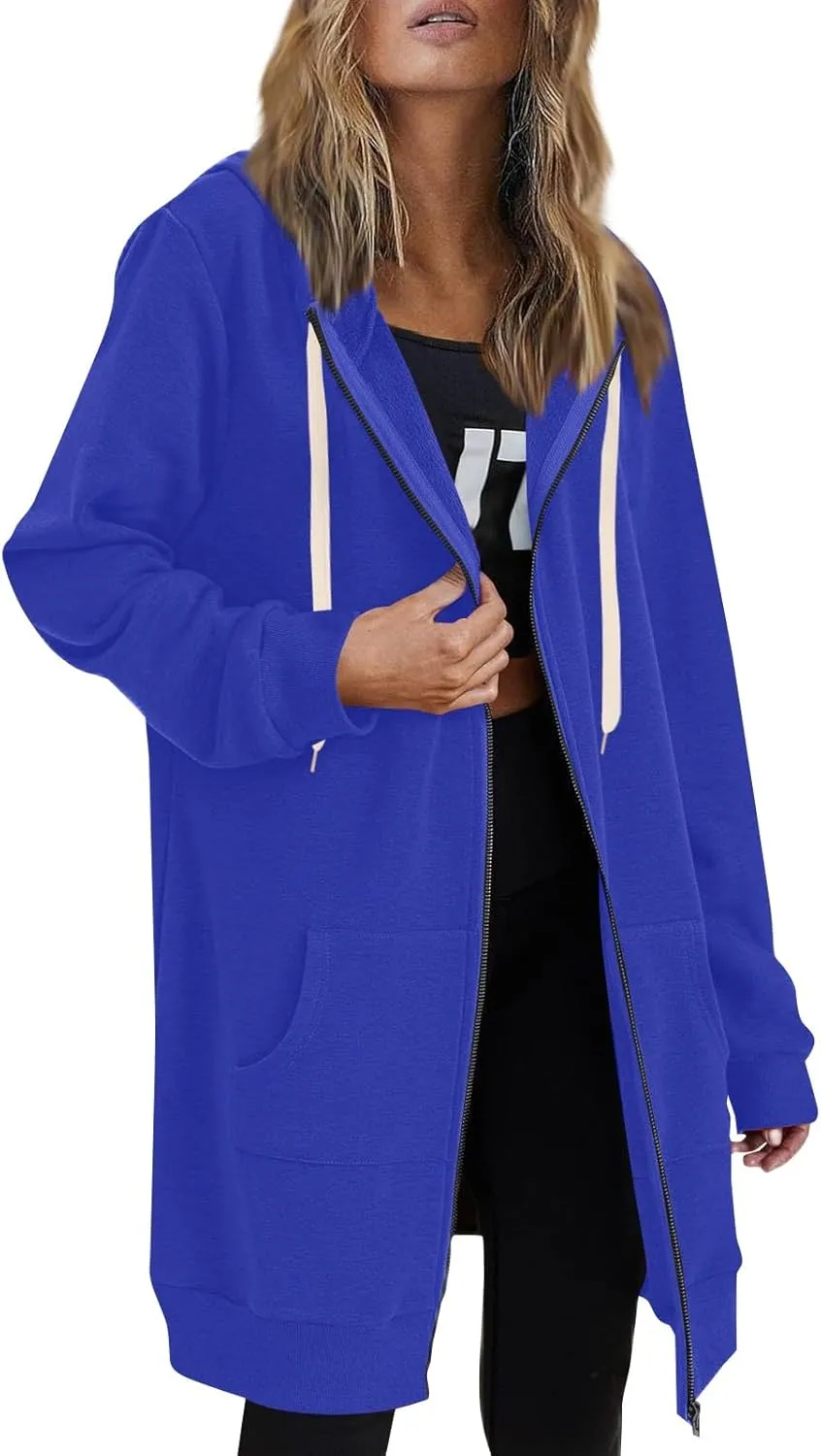 Women's Zip Up Long Hoodies Jacket Long Sleeve Drawstring Hooded Sweatshirt Coat 2024 Fall Winter Pocket Outerwear